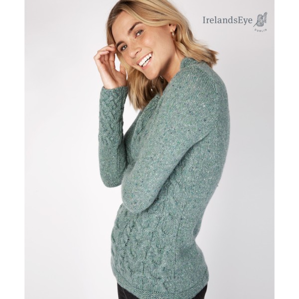 Strickpullover V-Neck mit Zopfmuster blaugrün - IrelandsEye