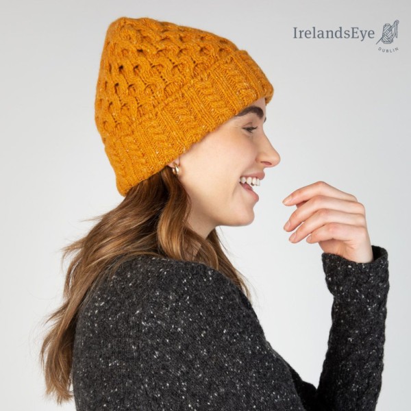 Strickmütze Luxe-Aran aus Wolle mit Kaschmir - Mustard