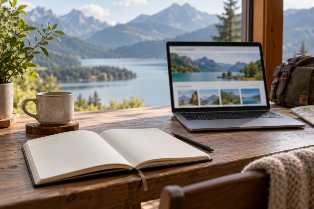 Laptop mit unscharfen Reisemotiven und leeres Notizbuch vor einer fiktiven Berg- und Seenlandschaft; KI-generiertes Symbolbild.