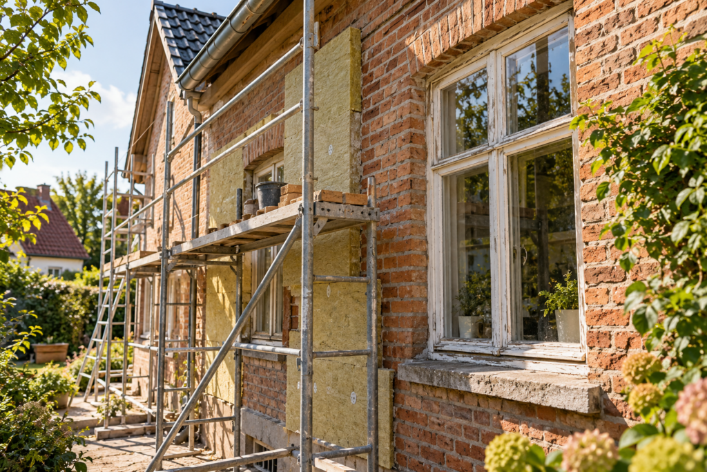 Bestehendes Wohnhaus mit sichtbar erhaltenem Mauerwerk.