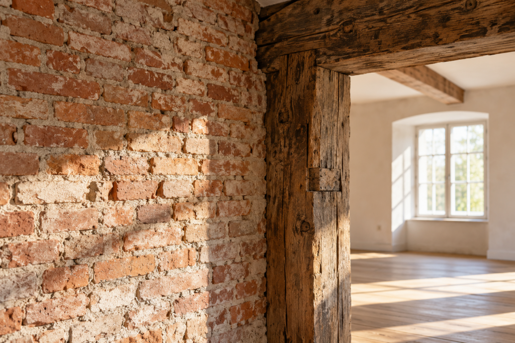 Freigelegtes Ziegelmauerwerk und ein alter Holzbalken im Inneren eines Gebäudes.
