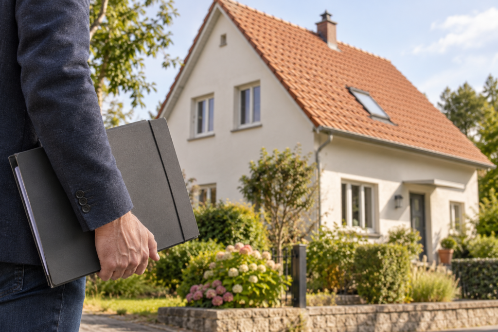 Ein älteres Haus mit Dach und Fenstern sowie eine Person mit Planungsmappe.