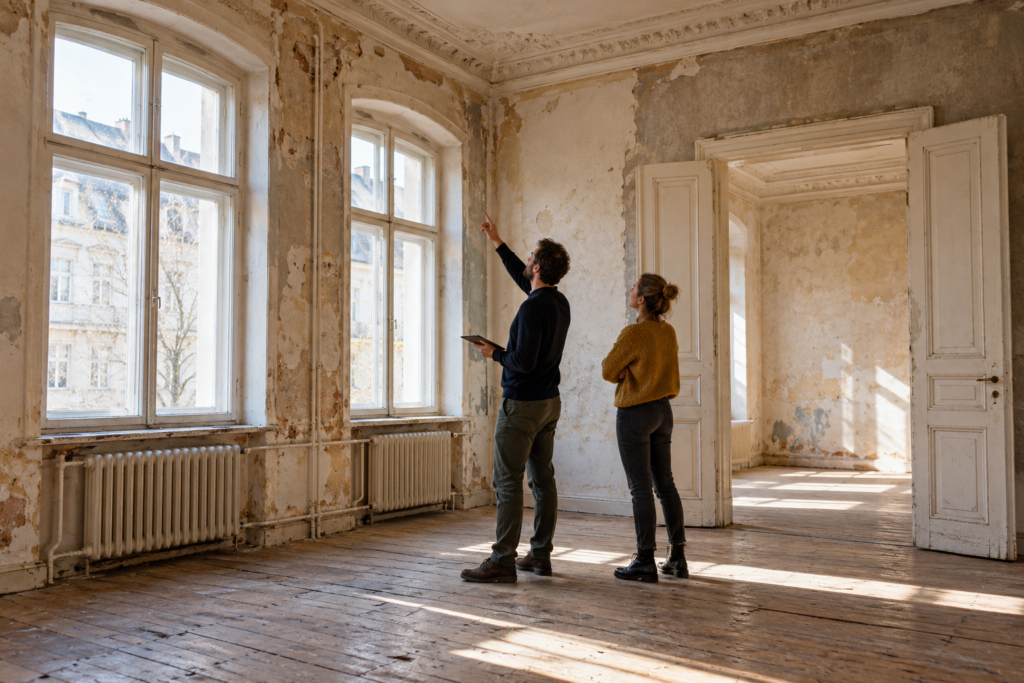 Zwei Personen betrachten Fenster und Wände eines leerstehenden Altbauraums.