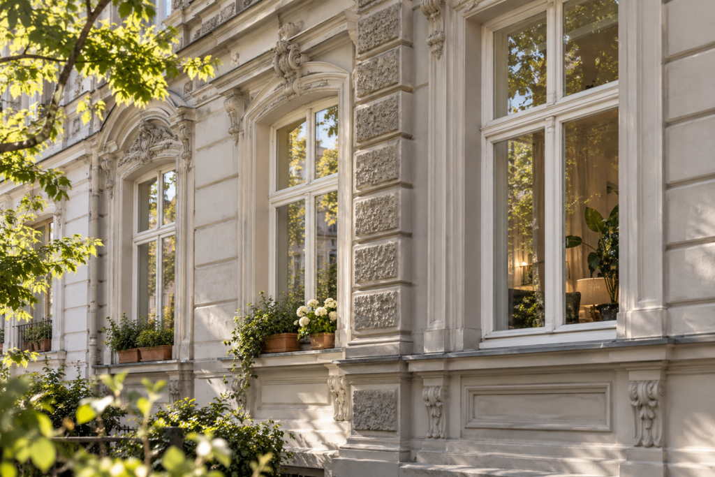 Die gegliederte helle Fassade eines historischen Wohngebäudes mit hohen Fenstern.