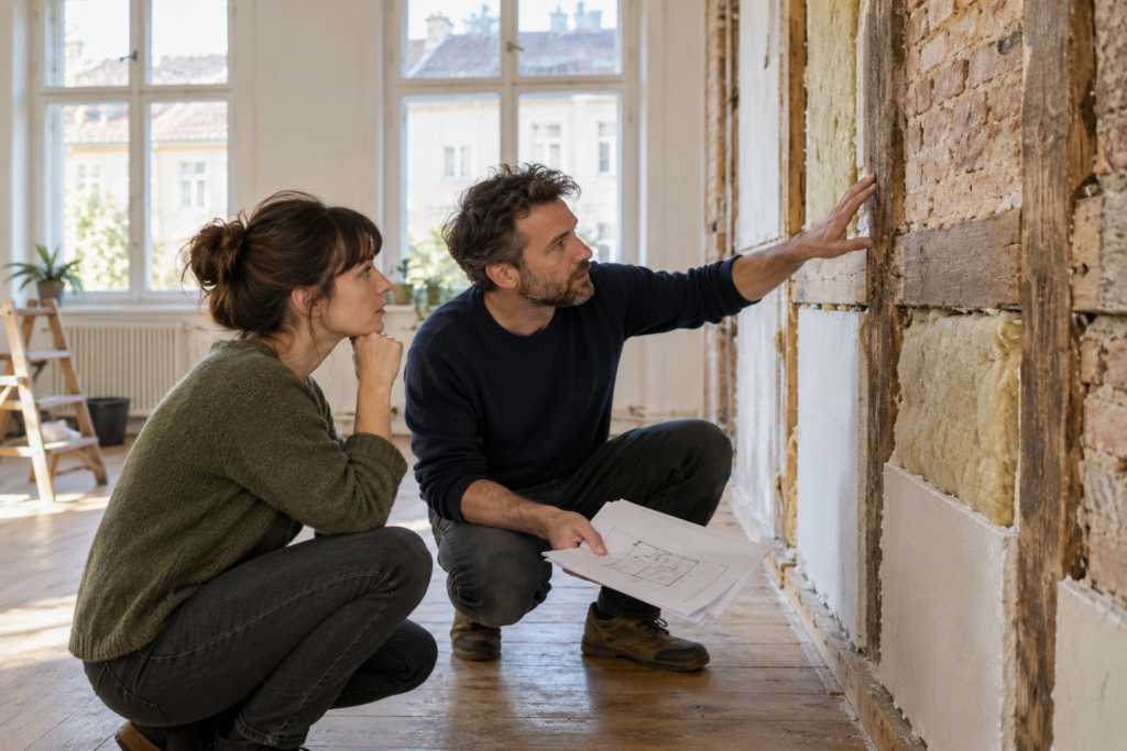 Zwei Personen betrachten mit Planunterlagen einen geöffneten Wandaufbau im Altbau.