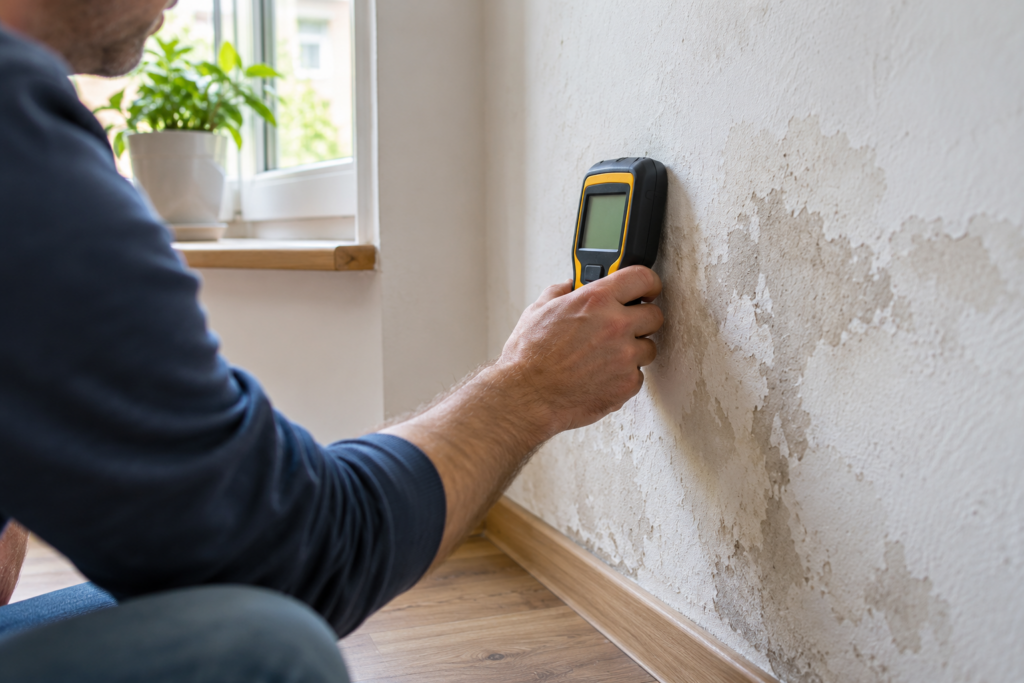 Eine Person hält ein Messgerät mit unlesbarer Anzeige an eine Wand mit sichtbaren Oberflächenveränderungen.