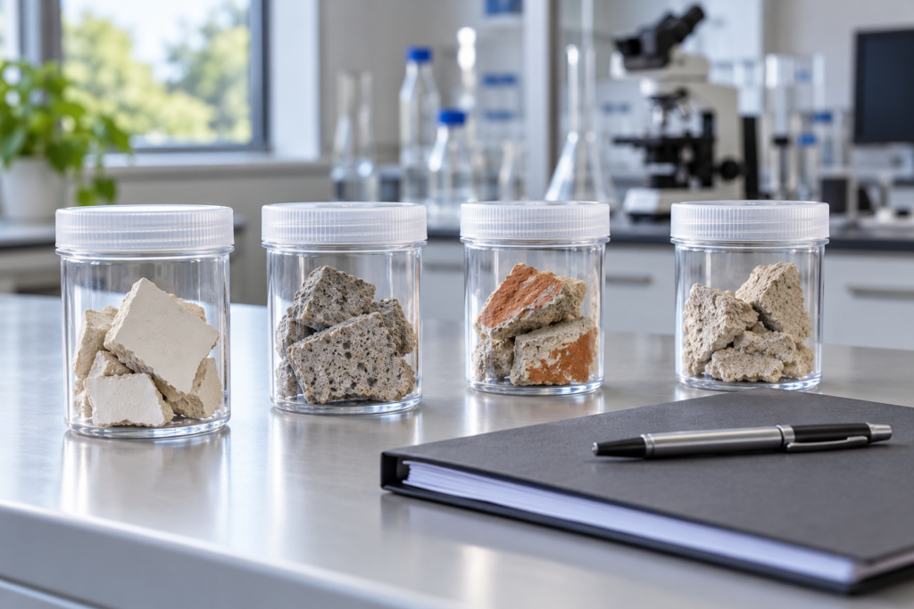 Vier fest verschlossene Probenbehälter mit unterschiedlichen Baumaterialien stehen auf einem Labortisch.