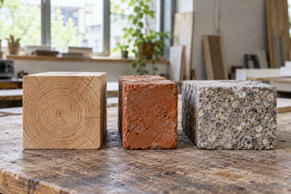 Baustoffmuster aus Holz, Ziegel und Beton auf Tisch.