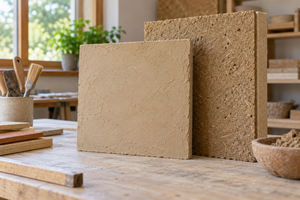 Zwei Musterplatten mit glatter beziehungsweise faseriger Lehmoberfläche stehen in einer Werkstatt.