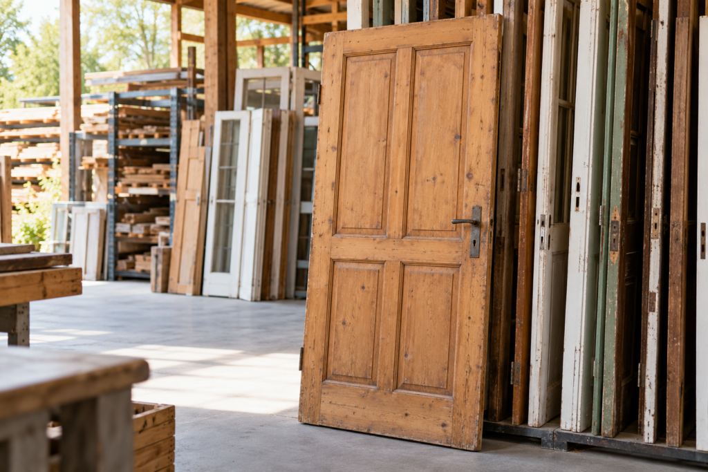 Eine gebrauchte Holztür steht zwischen weiteren Türen und Rahmen in einem fiktiven Bauteillager.