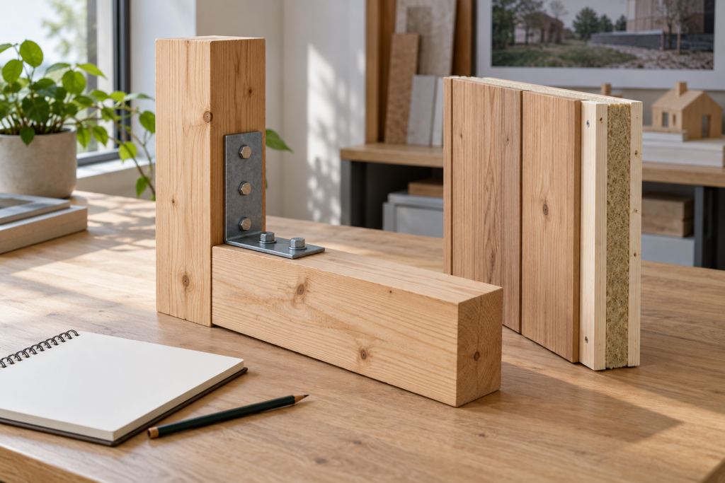 Ein kleines Holzmodell mit zugänglicher Schraubverbindung steht neben einem intakten Wandbauteilmuster.