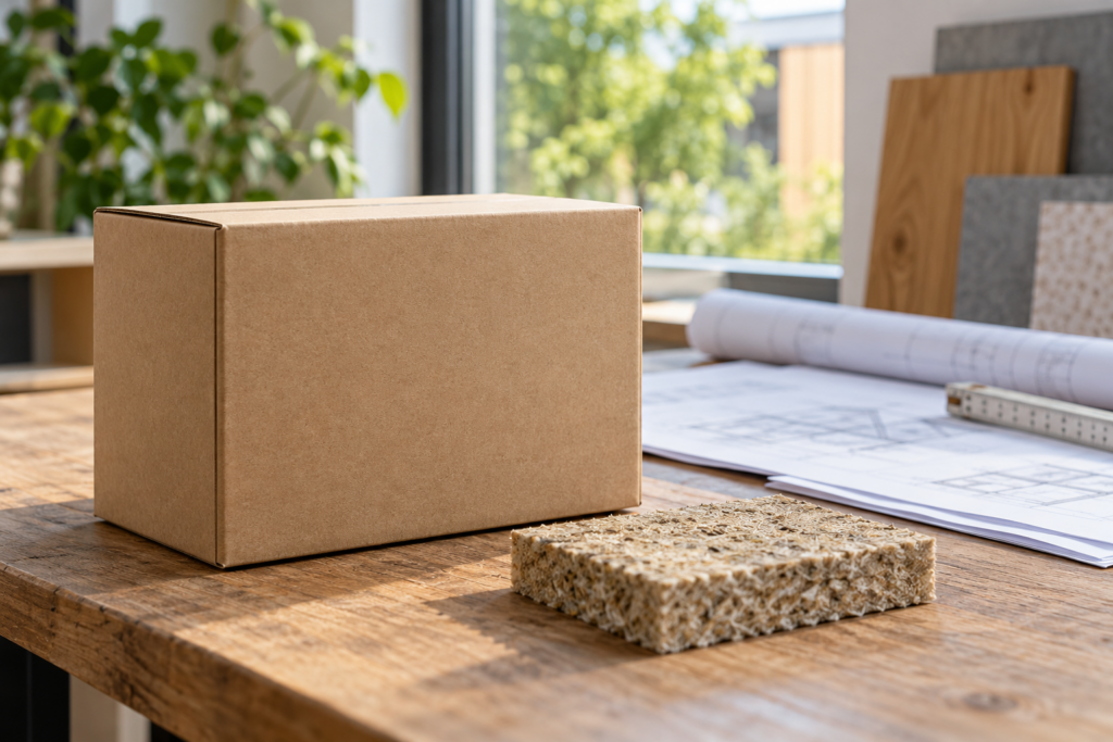 Eine neutrale geschlossene Bauproduktpackung steht neben einer Materialprobe und unscharfen technischen Unterlagen.