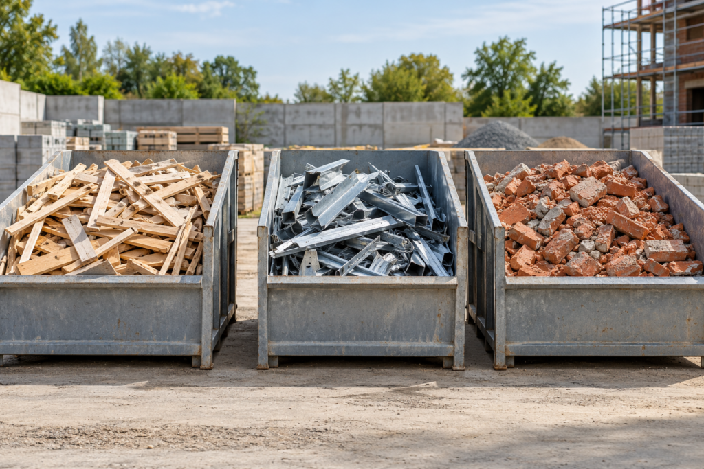 Drei offene Baustellencontainer mit getrennten Holzabschnitten, Metallstücken und rotem mineralischem Bauschutt.