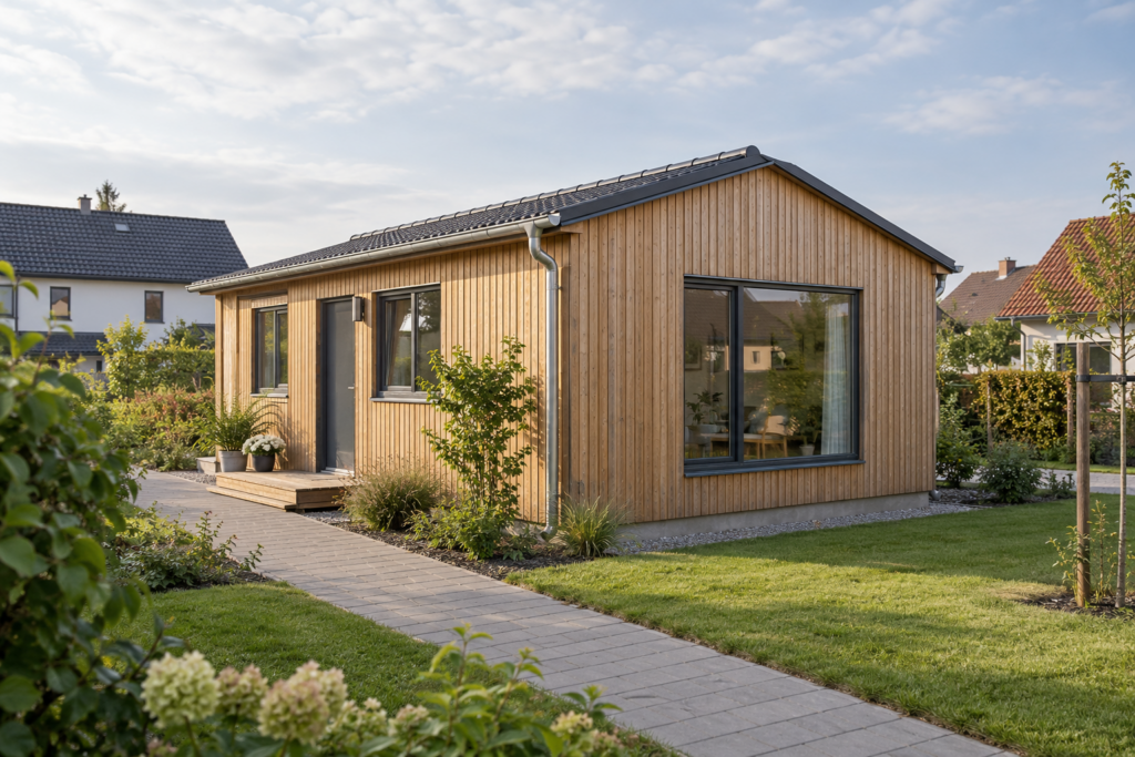 Kleines eingeschossiges Wohnhaus mit Holzfassade und befestigtem Zugang in einer fiktiven Wohnumgebung.