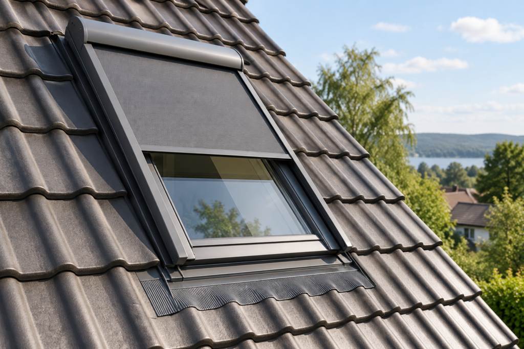 Dachflächenfenster in einem geneigten Ziegeldach mit teilweise heruntergelassenem außenliegendem Sonnenschutz.