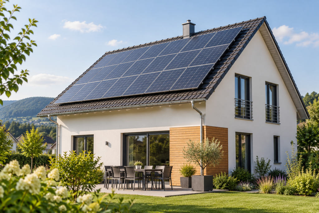 Photovoltaikmodule auf dem geneigten Ziegeldach eines fiktiven Wohnhauses.
