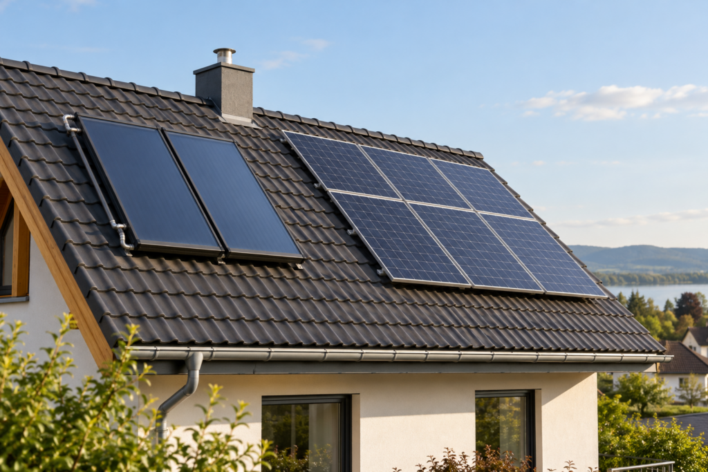 Getrennte Flächen mit Solarthermiekollektoren und Photovoltaikmodulen auf einem fiktiven Ziegeldach.