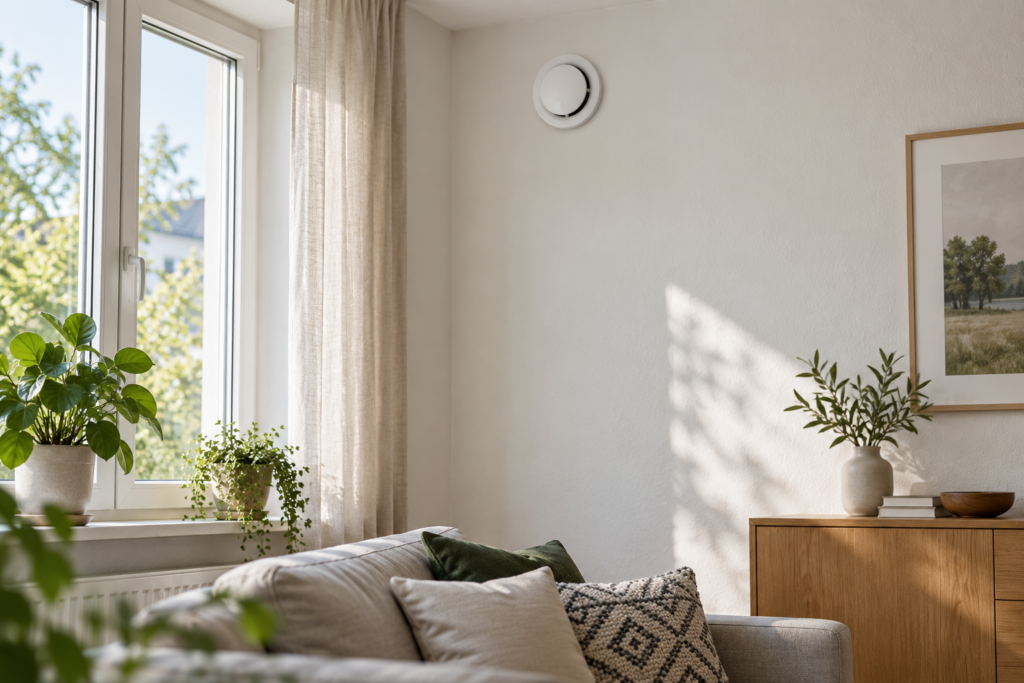 Rundes Lüftungsventil an der Wand eines schlichten Wohnraums.