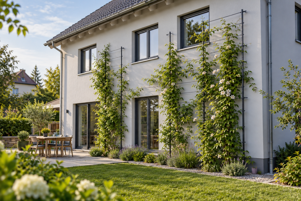 Bodengebundene Kletterpflanzen an einem separaten Rankgerüst vor einer intakten fiktiven Hausfassade.