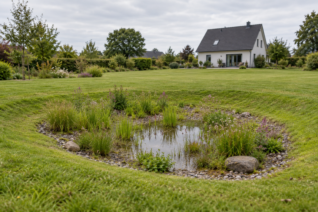 Flache bepflanzte Regenmulde mit etwas Wasser in einem großen Garten, mit breiter Rasenfläche zum Haus im Hintergrund.