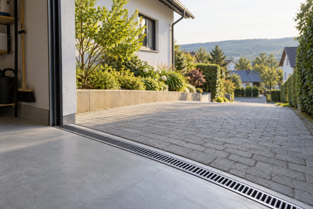 Leicht geneigte befestigte Garagenzufahrt mit freier Entwässerungsrinne vor der Schwelle.
