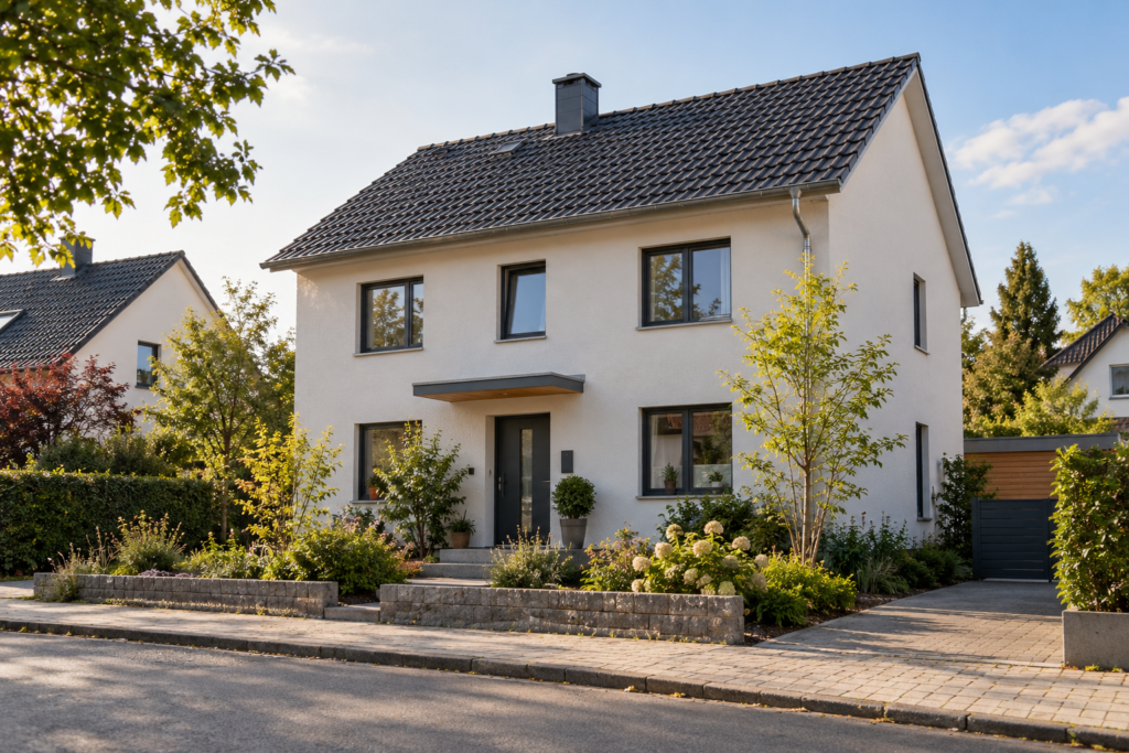 Kompaktes zweigeschossiges Wohnhaus mit Satteldach und bepflanztem Vorgarten in einer fiktiven Wohnstraße.