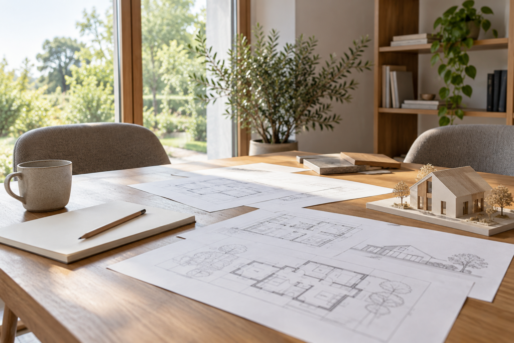 Besprechungstisch mit zwei Stühlen, schematischen Grundrissen, Notizbuch, Bleistift und kleinem Hausmodell.