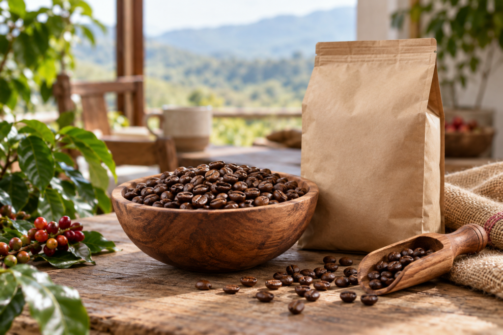 Geröstete Kaffeebohnen in einer Holzschale neben einer unbeschrifteten Papiertüte.