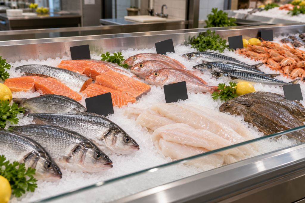 Frischer Fisch liegt auf Eis in einer Verkaufstheke mit unscharfen Informationskarten.
