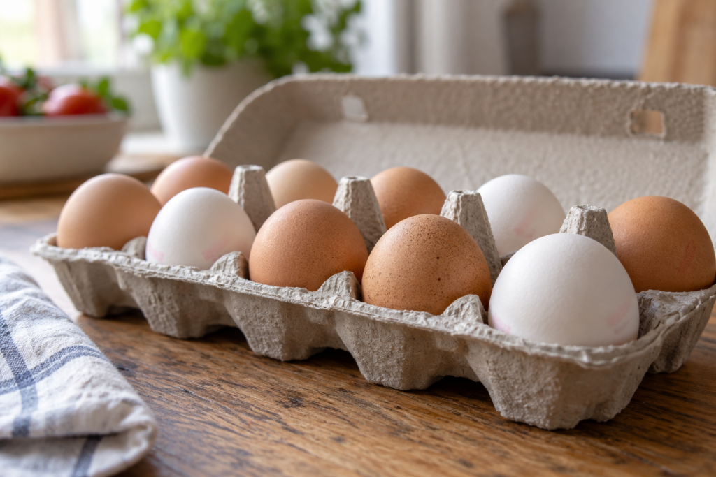 Eier mit unscharfen Stempeln liegen in einem offenen Eierkarton auf einem Küchentisch.