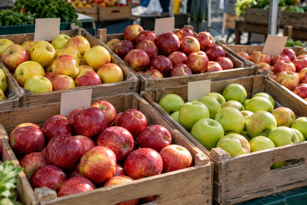 Äpfel liegen in Holzkisten an einem Marktstand mit unbeschrifteten Schildern.