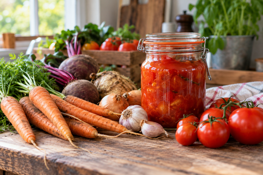 Möhren, Rote Bete und anderes Gemüse liegen neben einem geschlossenen Glas mit Tomaten.