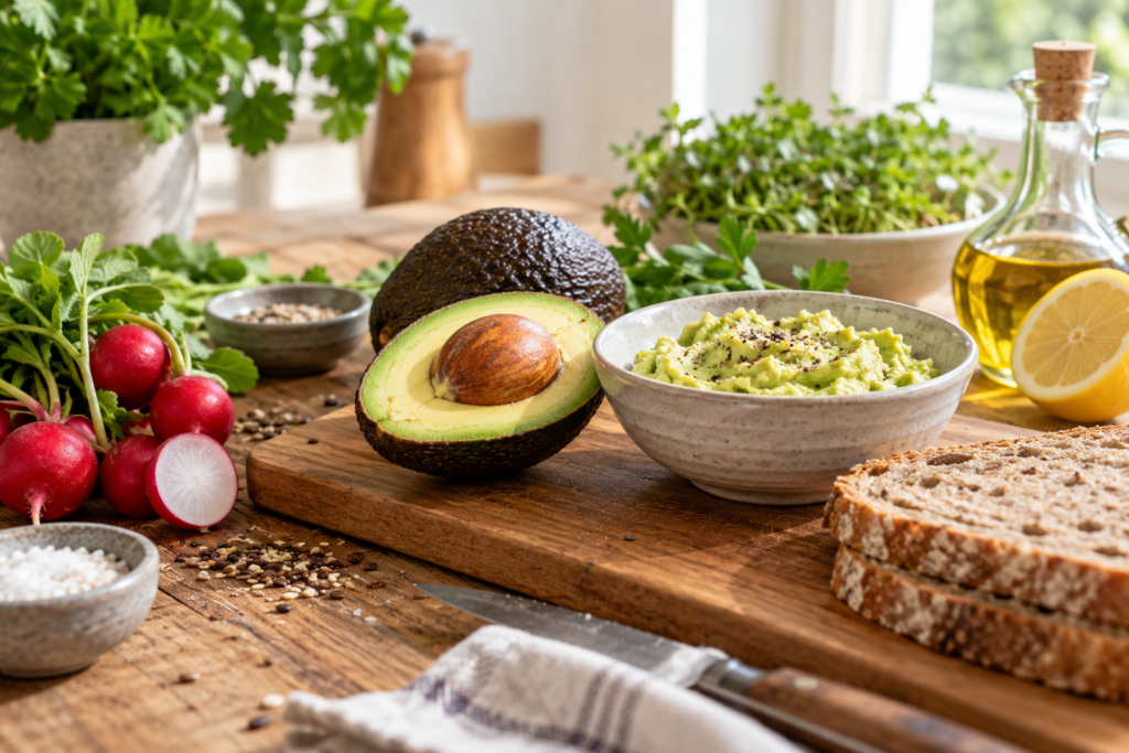 Eine aufgeschnittene Avocado steht neben einer Schale Aufstrich, Brot und Gemüse auf einem Tisch.