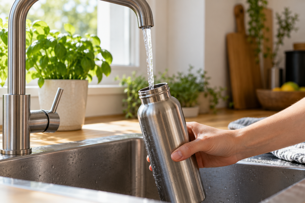 Eine Hand hält eine Edelstahlflasche beim Befüllen unter einen Wasserhahn, ohne dass die Öffnung den Auslauf berührt.