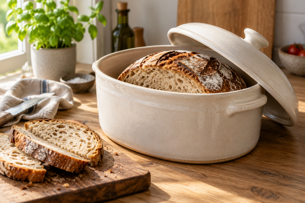 Ein angeschnittener Brotlaib liegt in einem geöffneten Keramiktopf, davor liegen einzelne Brotscheiben.