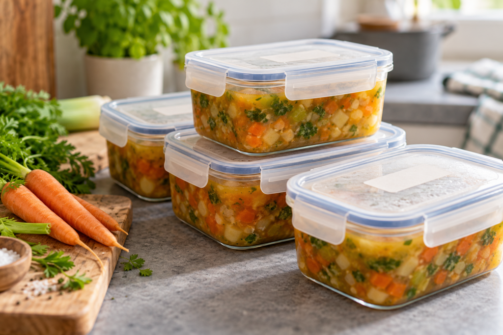 Geschlossene Dosen mit portioniertem Gemüseeintopf und neutralen Etiketten stehen auf einer Küchenfläche.