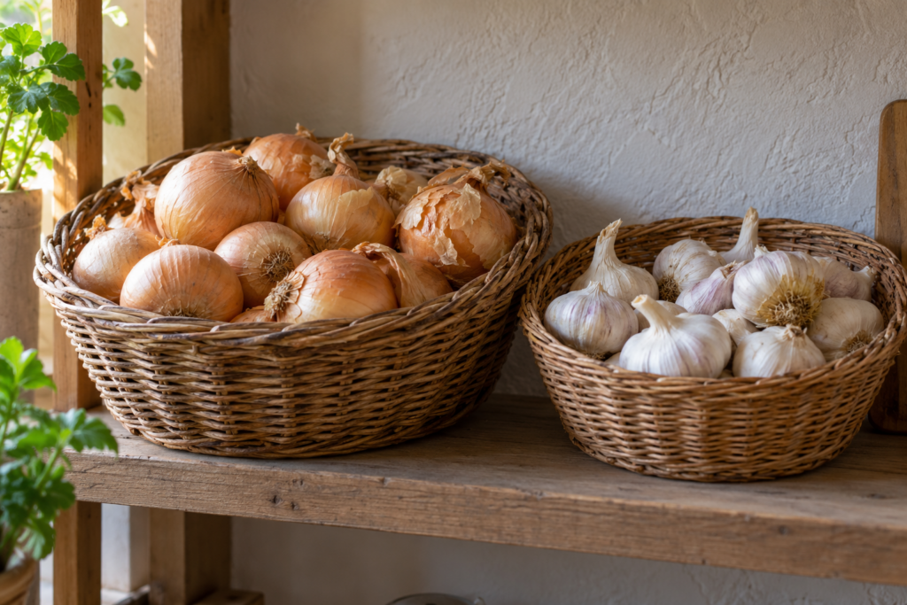 Ganze gelbe Zwiebeln und Knoblauchknollen in zwei getrennten offenen Körben.