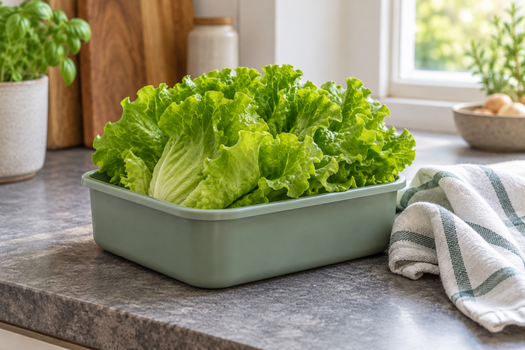 Grüner Blattsalat in einem sauberen Mehrwegbehälter neben einem gefalteten Küchentuch.