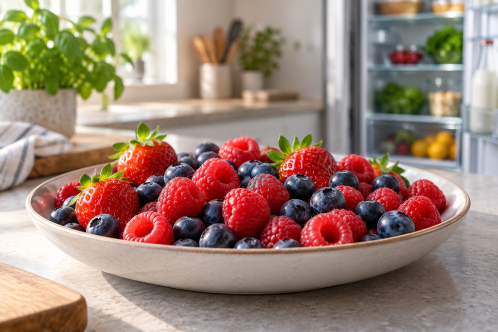 Himbeeren, Heidelbeeren und Erdbeeren in einer flachen Schale auf einer Küchenarbeitsfläche.