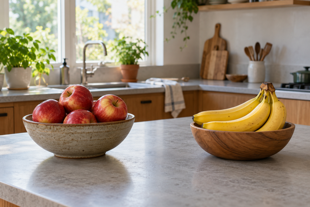 Äpfel und Bananen in zwei mit Abstand aufgestellten Obstschalen.