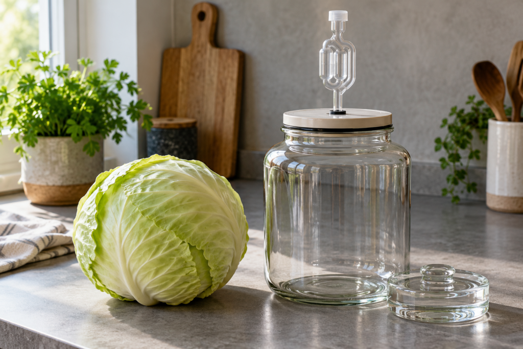 Weißkohl neben einem leeren sauberen Fermentierglas mit Gärverschluss und separatem Glasgewicht.