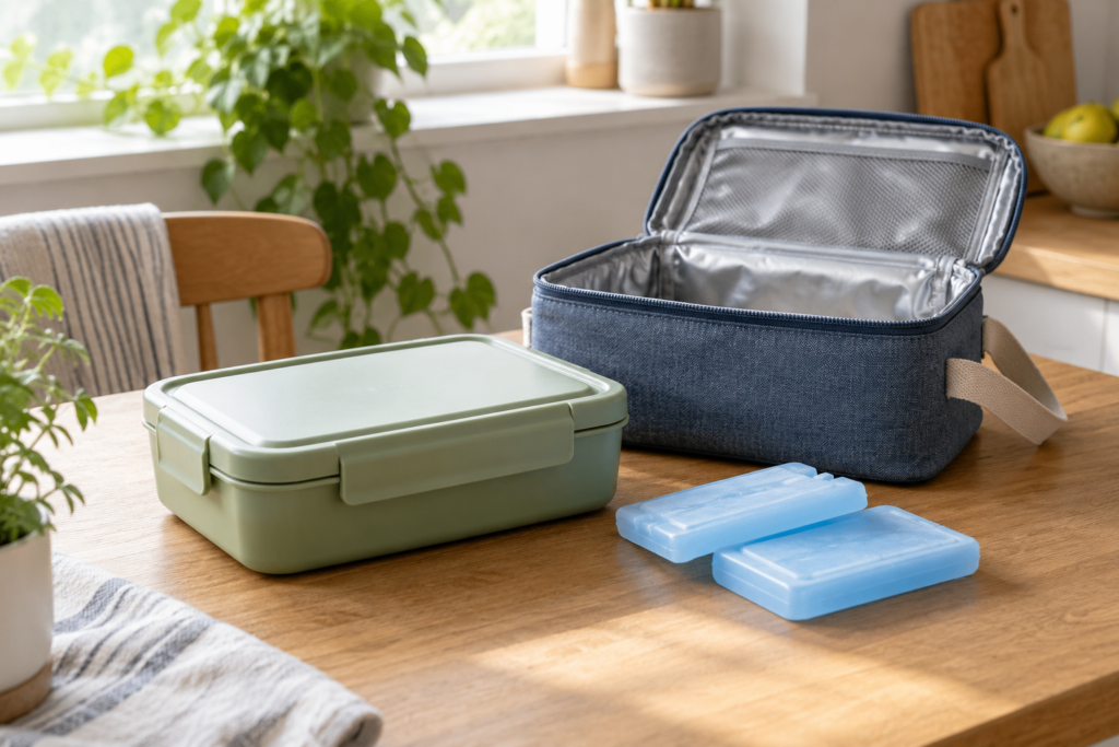 Geschlossene grüne Lunchbox neben einer geöffneten Kühltasche und zwei blauen Kühlakkus auf einem Tisch.