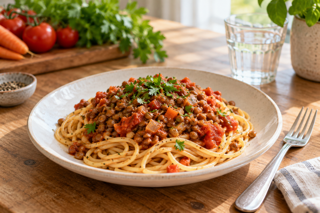 Teller mit Spaghetti und einer roten Sauce mit sichtbaren Linsen und Gemüsestücken auf einem Küchentisch.