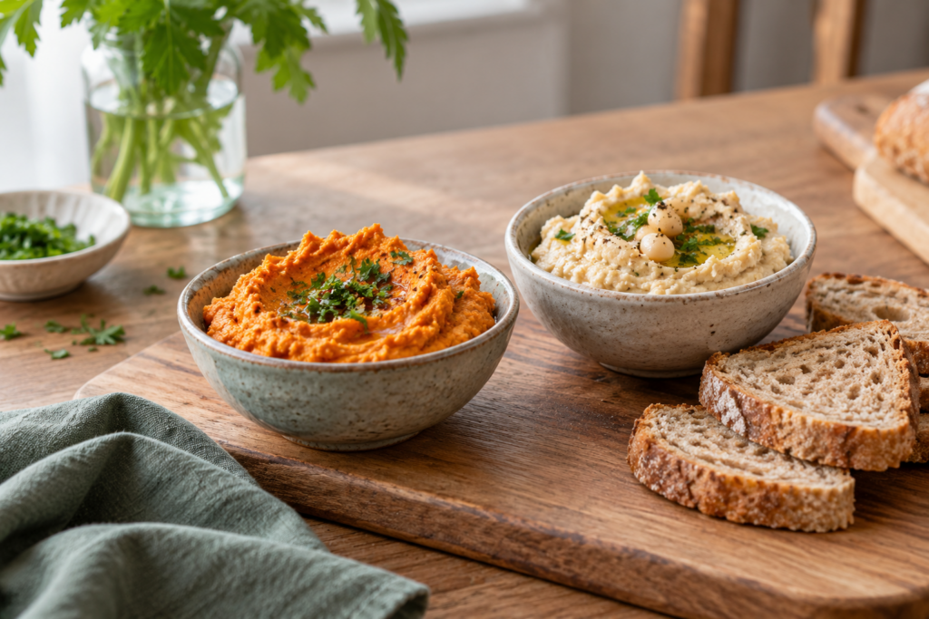 Zwei kleine Schalen mit orangefarbenem und hellem Aufstrich neben Brotscheiben auf einem Brett.