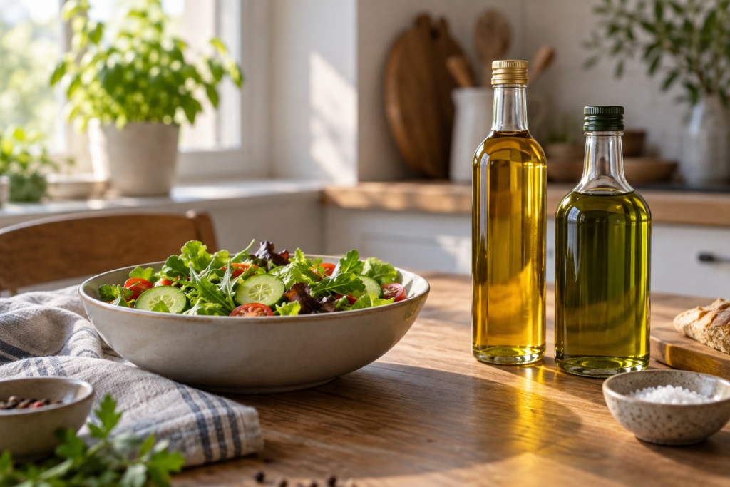 Zwei unbeschriftete Ölflaschen neben einer Schale mit grünem Salat, Gurken und Tomaten.