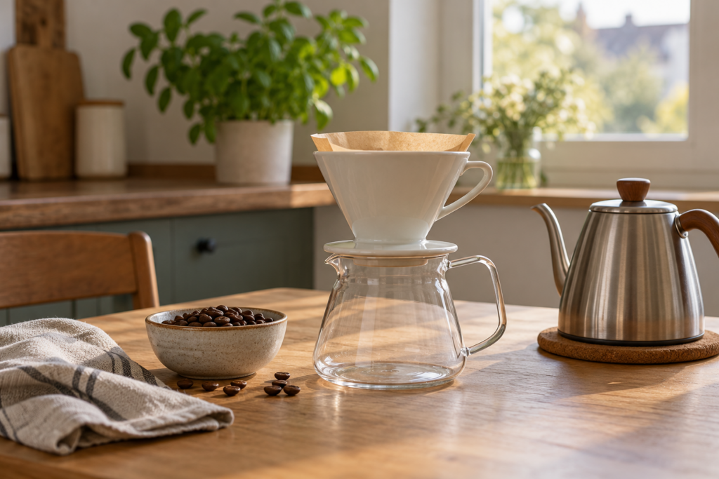 Keramik-Handfilter mit Papierfilter auf einer leeren Glaskanne, daneben Kaffeebohnen und ein geschlossener Wasserkocher.
