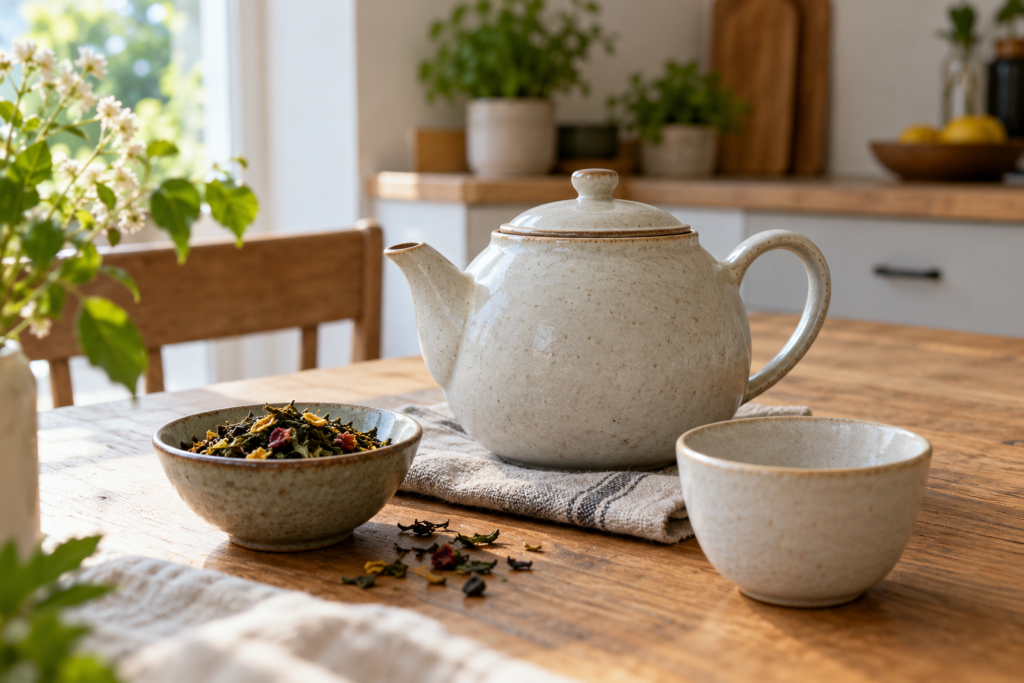 Geschlossene helle Teekanne neben losem Tee in einer Schale und einer leeren Tasse.