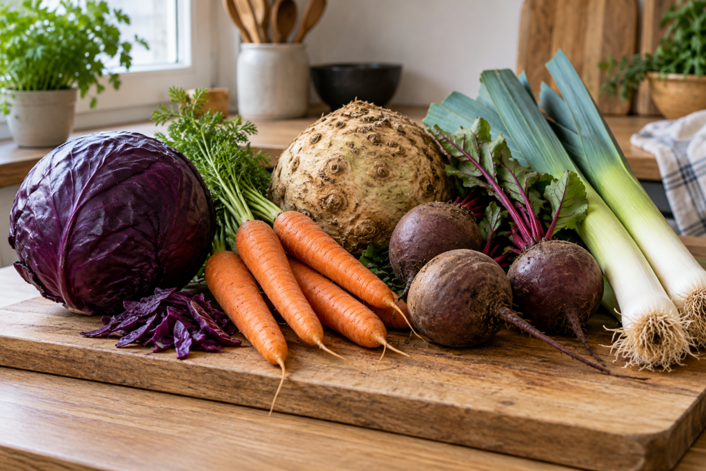 Rotkohl, Karotten, Knollensellerie, Rote Bete und Lauch auf einem Holzbrett.