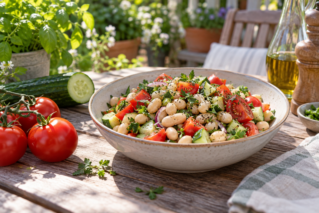 Bohnensalat mit weißen Bohnen, Tomaten, Gurken, Zwiebeln und Kräutern neben frischem Gemüse.