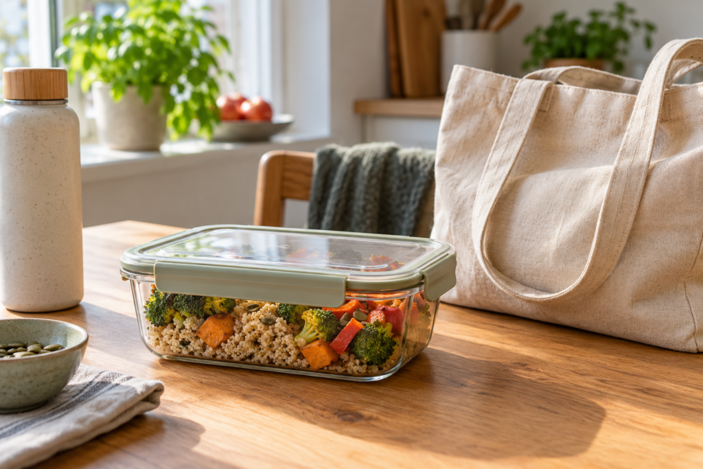 Geschlossene transparente Lunchbox mit Getreide und Gemüse neben einer Stofftasche auf einem Küchentisch.